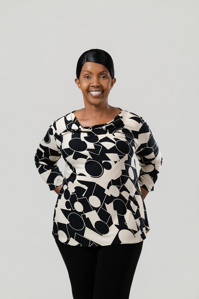 Pure Essence Geometric Print Draped Cowl Neck Top - Black/Ivory