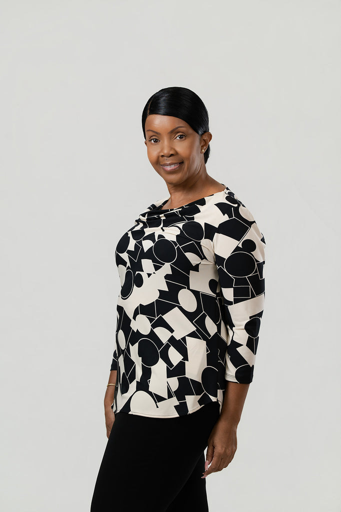 Pure Essence Geometric Print Draped Cowl Neck Top - Black/Ivory