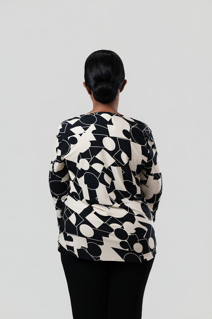 Pure Essence Geometric Print Draped Cowl Neck Top - Black/Ivory