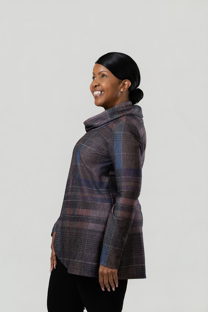 Pure Essence Plaid Tab Collar Overlay Tunic - Mauve/Purple
