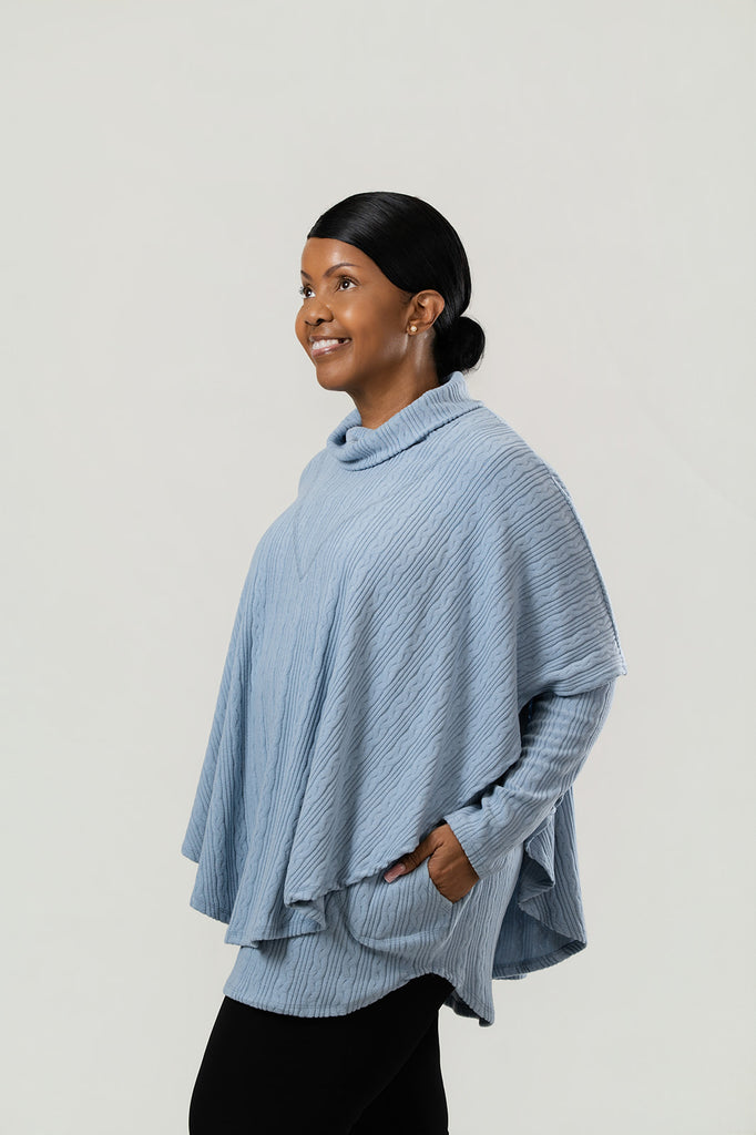 Pure Essence Cable Knit Poncho Two Piece Set - Blue
