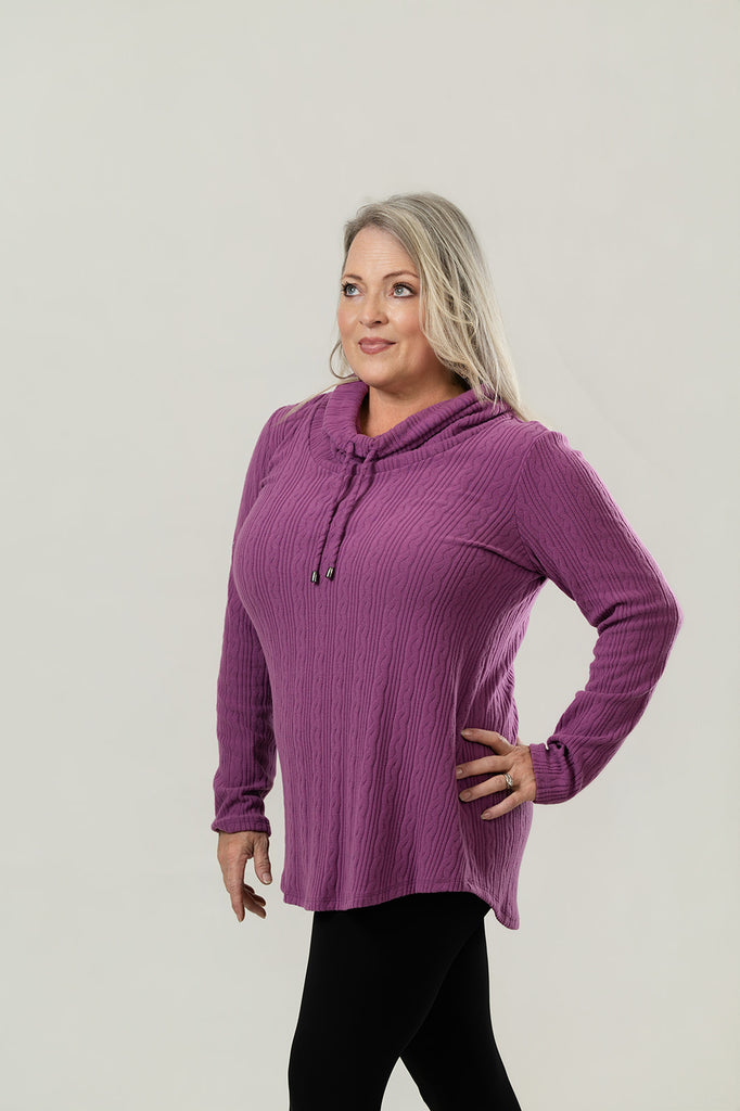 Pure Essence Cable Knit Drawstring Cowl Neck Tunic - Plum