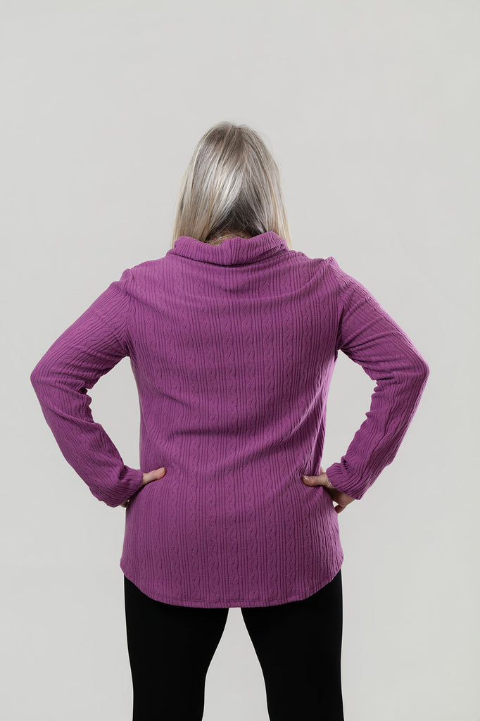 Pure Essence Cable Knit Drawstring Cowl Neck Tunic - Plum