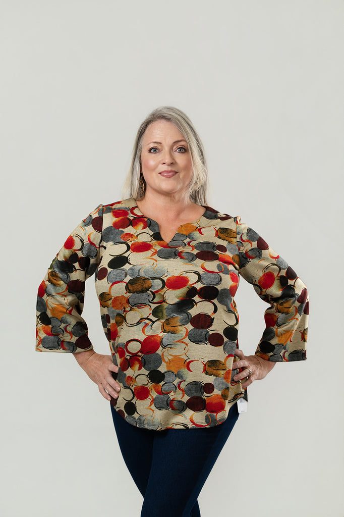 Pure Essence Abstract Dot Print Split Neck Tunic - Camel/Orange/Brown