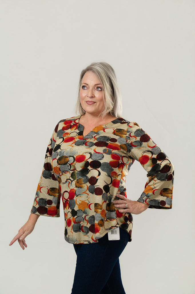 Pure Essence Abstract Dot Print Split Neck Tunic - Camel/Orange/Brown