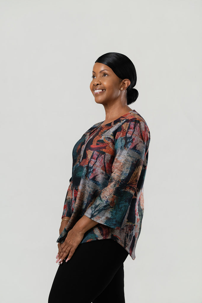 Pure Essence Abstract Print Split Neck Long Sleeve Tunic - Multicolor