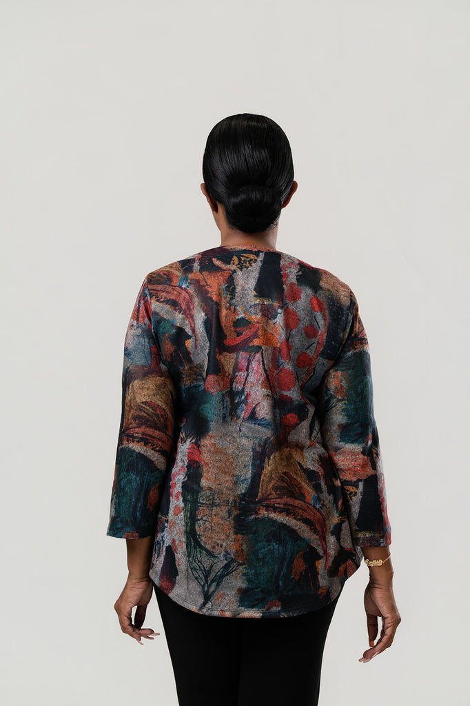 Pure Essence Abstract Print Split Neck Long Sleeve Tunic - Multicolor