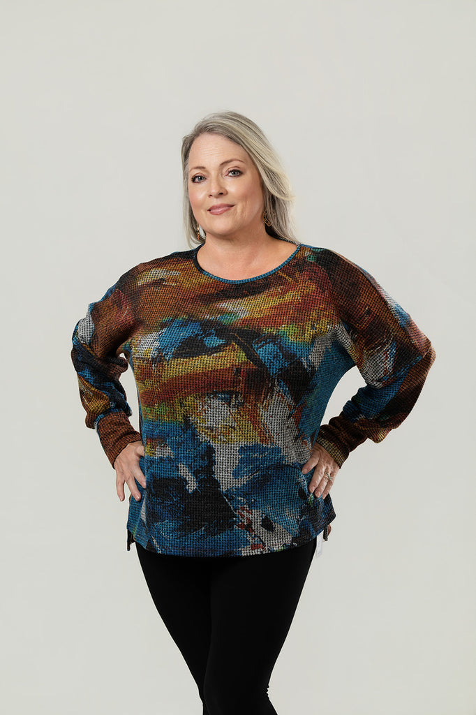 Pure Essence Abstract Print Long Sleeve Waffle Knit Top - Multi