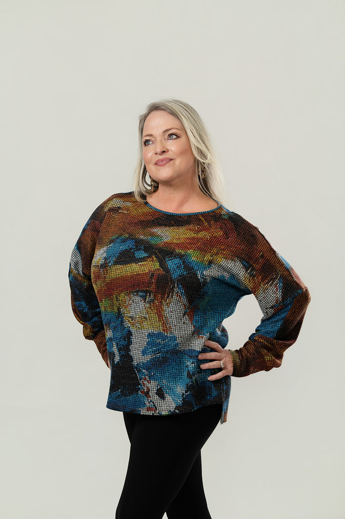 Pure Essence Abstract Print Long Sleeve Waffle Knit Top - Multi