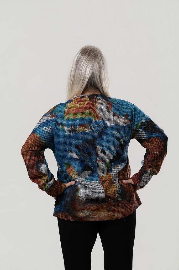 Pure Essence Abstract Print Long Sleeve Waffle Knit Top - Multi