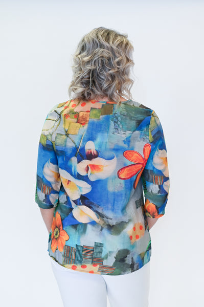 Radzoli Floral Print 3/4 Sleeve Top - Blue/Orange/Multicolor *Take 25% Off*