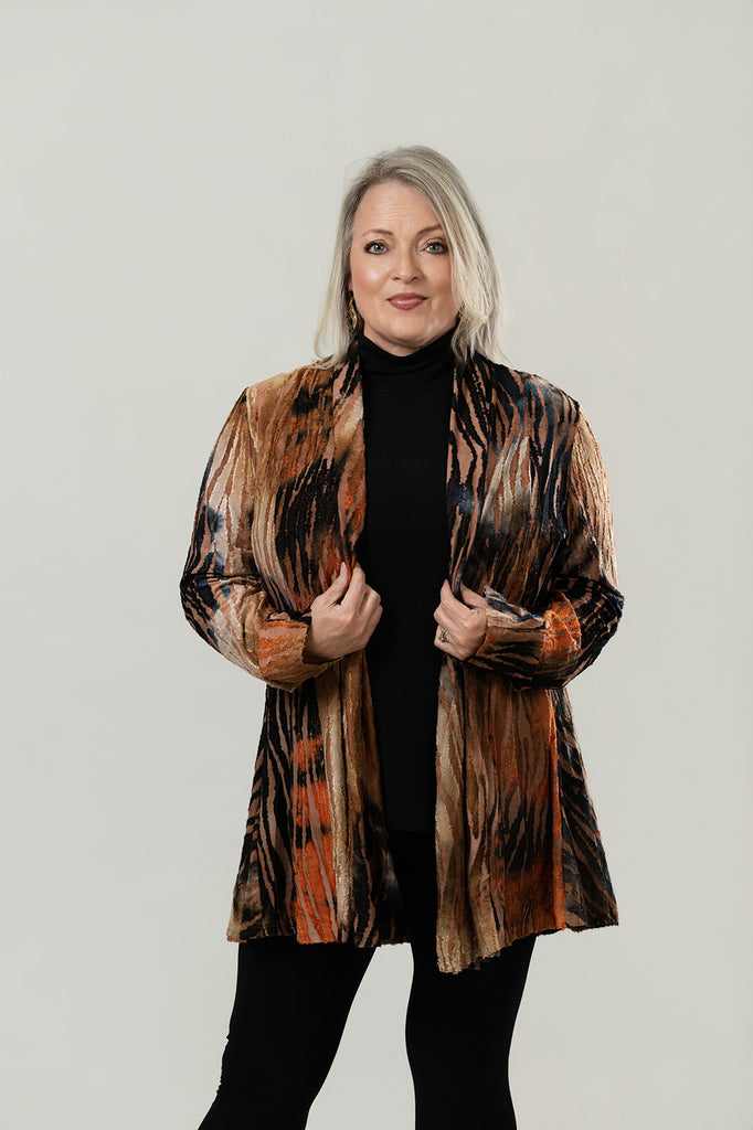 Radzoli Open Front Abstract Burnout Cardigan - Orange/Black/Multicolor