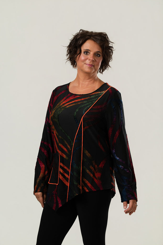 Radzoli Asymmetric Round Neck Burnout Tunic - Black/Multicolor