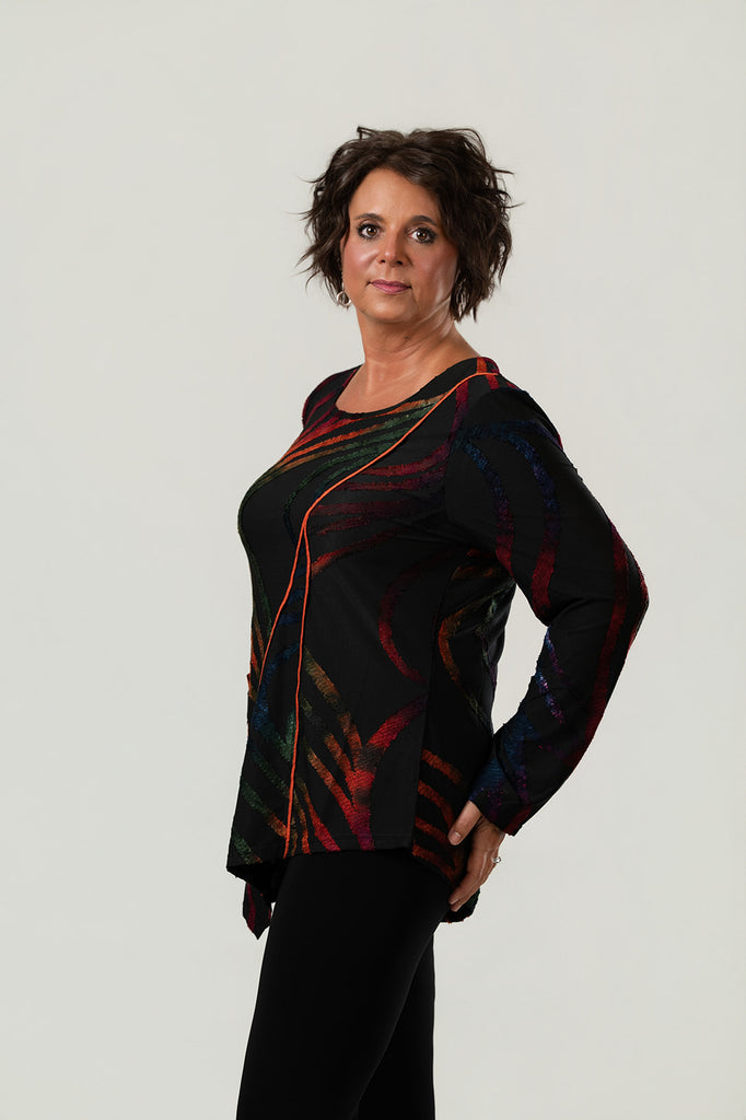 Radzoli Asymmetric Round Neck Burnout Tunic - Black/Multicolor