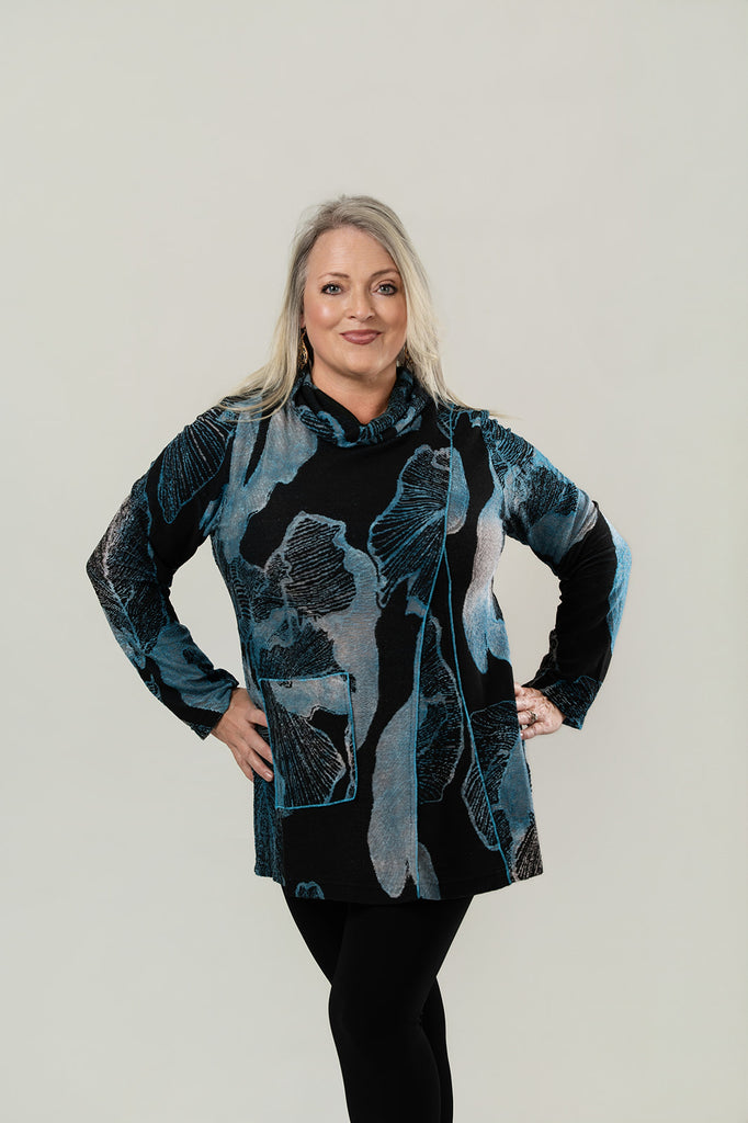 Radzoli Cowl Neck Floral Burnout Tunic - Blue/Multicolor