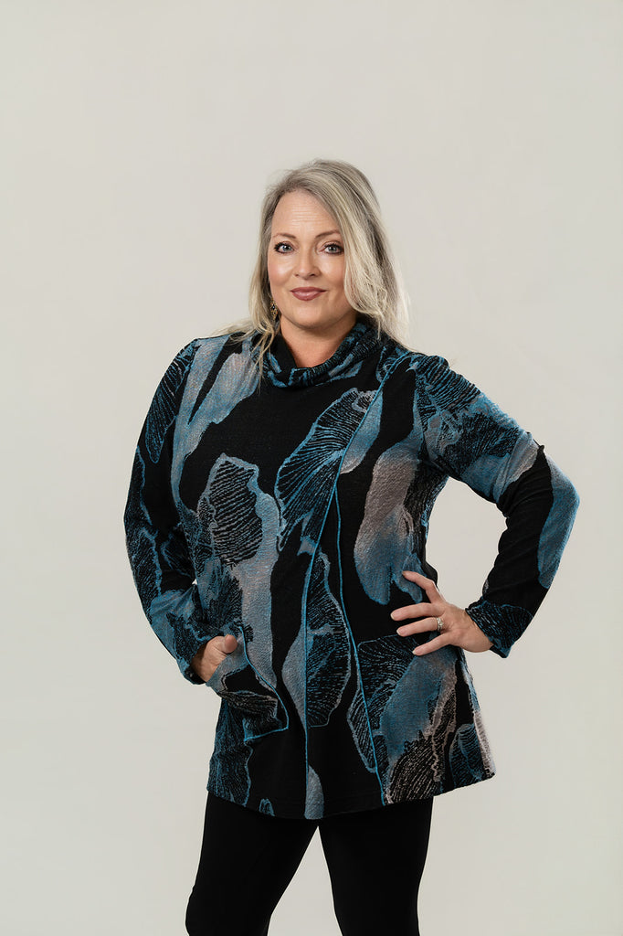 Radzoli Cowl Neck Floral Burnout Tunic - Blue/Multicolor