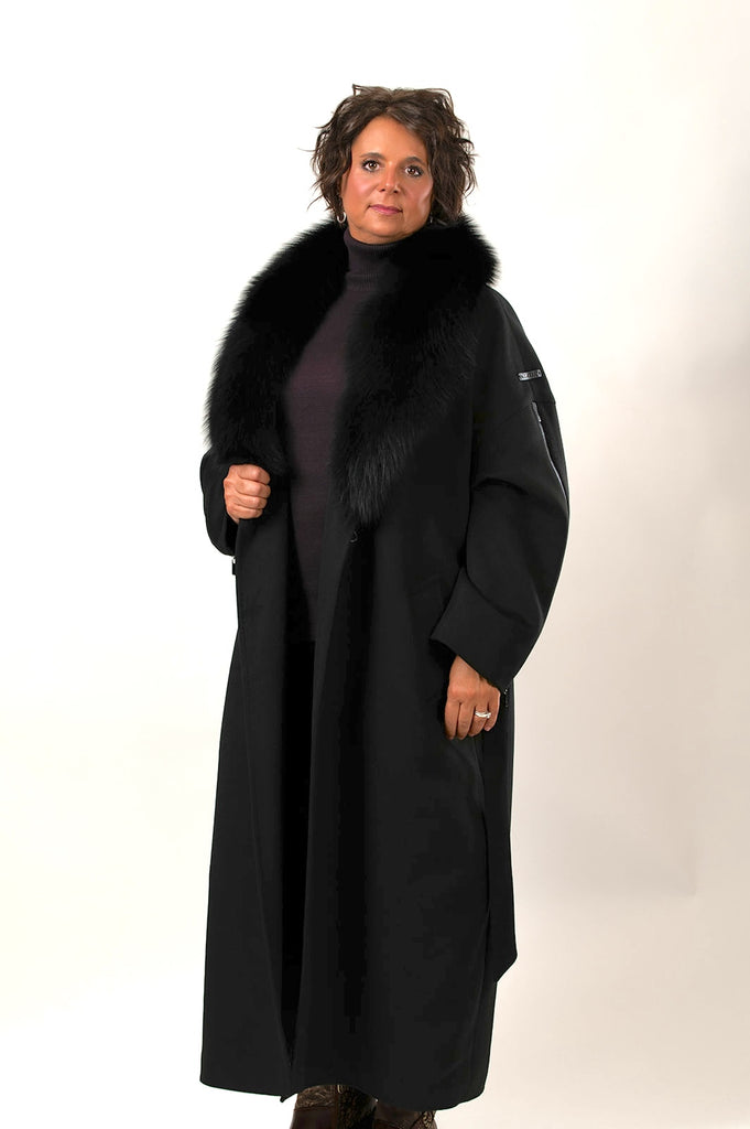 Rafaello Cashmere Blend Maxi Wrap Coat with Removable Fox Fur Collar - Black