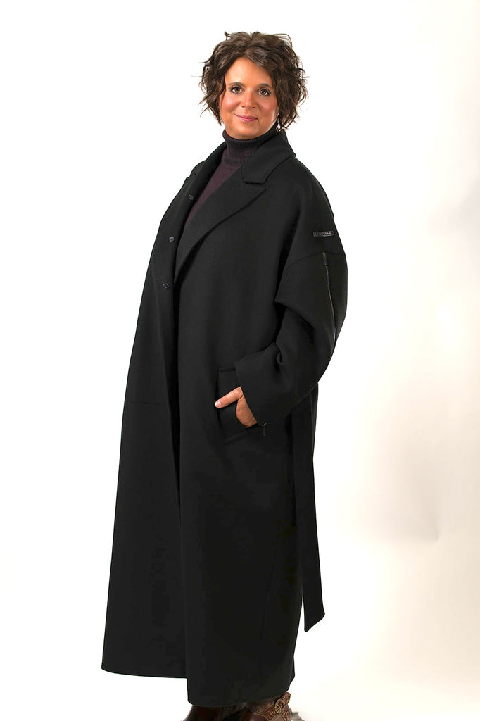 Rafaello Cashmere Blend Maxi Wrap Coat with Removable Fox Fur Collar - Black