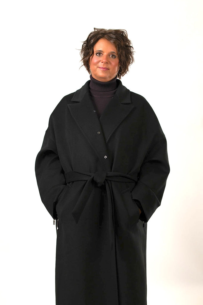 Rafaello Cashmere Blend Maxi Wrap Coat with Removable Fox Fur Collar - Black