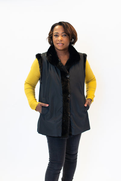 Rippe's Furs Reversible Diamond Sheared Mink Fur Vest with Long Hair Mink Trim - Black