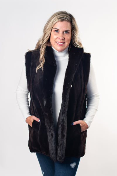 Rippe's Furs Reversible Diamond Sheared Mink Fur Vest with Long Hair Mink Trim - Brown