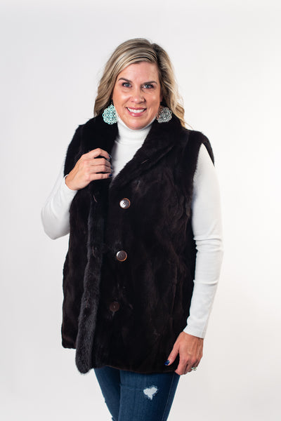Rippe's Furs Reversible Diamond Sheared Mink Fur Vest with Long Hair Mink Trim - Brown