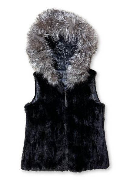 Rippe's Furs Reversible Sculpted Hooded Mink Vest with Raccoon Fur Trim - Black/Silver
