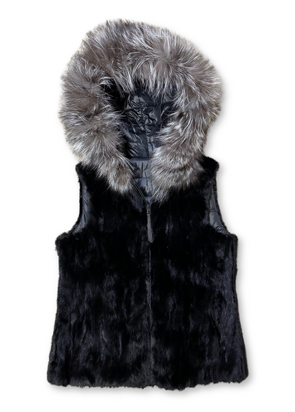 Rippe's Furs Reversible Sculpted Hooded Mink Vest with Fox Fur Trim - Black/Silver