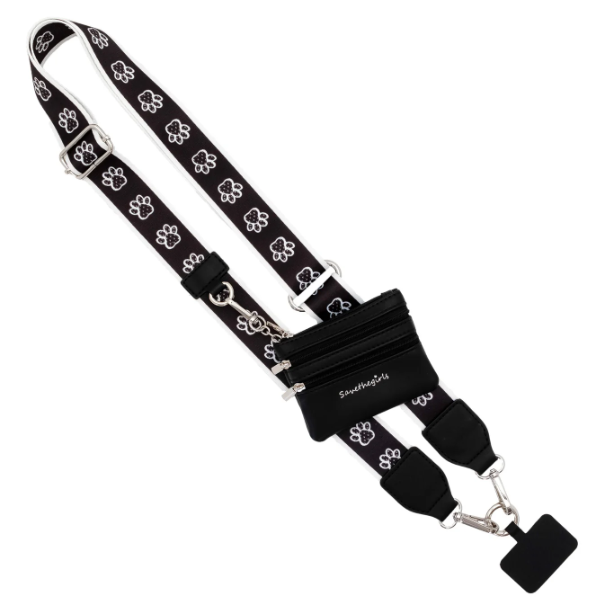 Save The Girls Clip & Go Strap with Zippered Pouch - Black/White Paw Prints