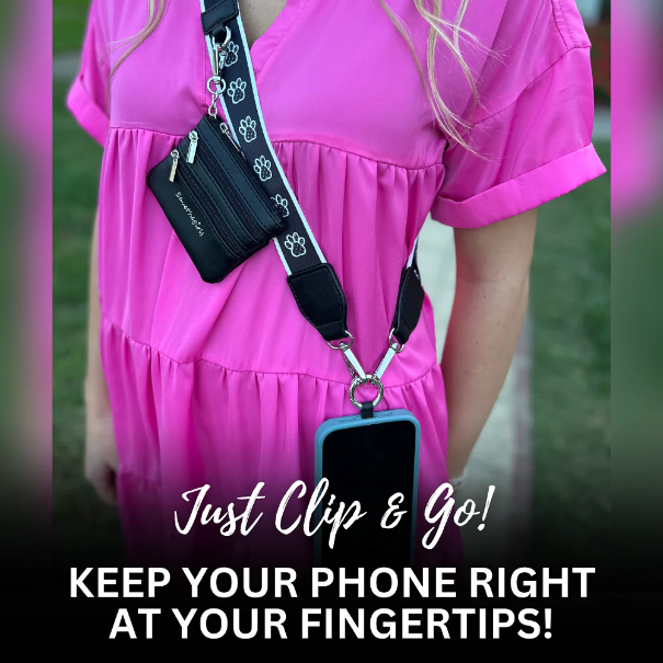 Save The Girls Clip & Go Strap with Zippered Pouch - Black/White Paw Prints