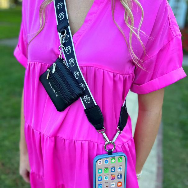 Save The Girls Clip & Go Strap with Zippered Pouch - Black/White Paw Prints