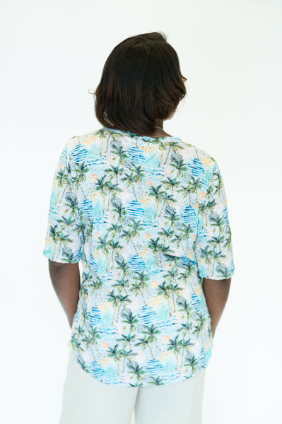 Shana Apparel Plus Size Embellished Palm Tree Print Crinkle V-Neck Top - Multicolor