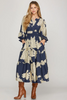 Image of She+Sky Clothing 3/4 Length Bubble Sleeve Tiered Midi Dress -Navy/Ivory