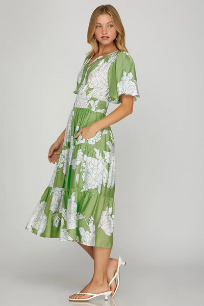 She+Sky Bubble Sleeve Tiered Midi Dress
