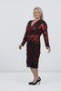 Image of Steven Guy Foil Print Floral 3/4 Sleeve Faux Wrap Dress - Black/Red
