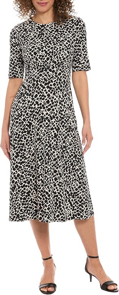 Steven Guy Abstract Geometric Print Short Sleeve Banded Waist Dress - Cream/Black