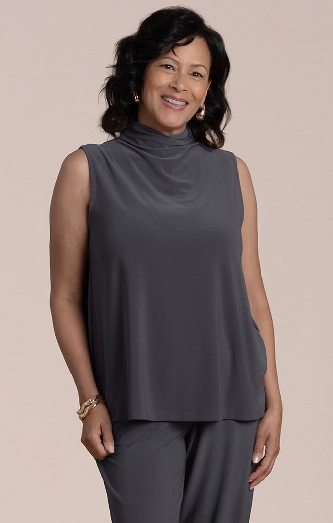 Sympli Sleeveless Echo Mock Neck Top - Black Pearl