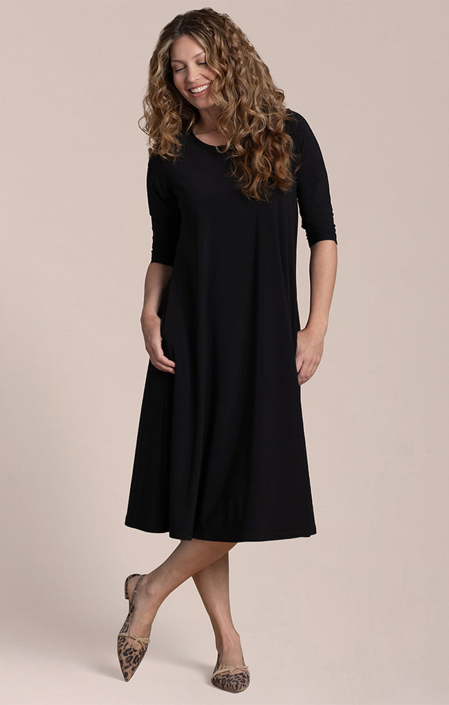 Sympli Fit & Flare Dress 3/4 Sleeve - Black