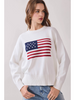 Image of Long Sleeve Crew Neck American Flag Shaker Knit Cotton Sweater - White