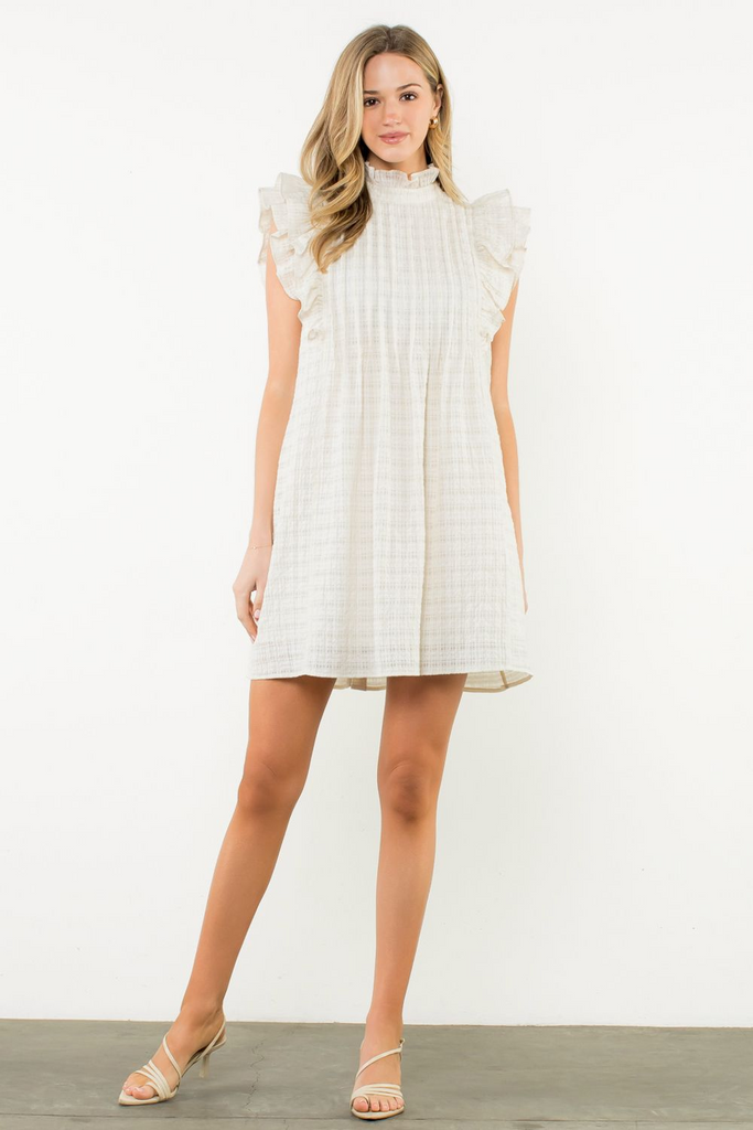THML Flutter Sleeve Mock Neck Dress with Pockets - Cream