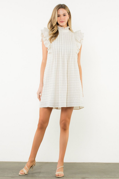 THML Flutter Sleeve Mock Neck Dress with Pockets - Cream