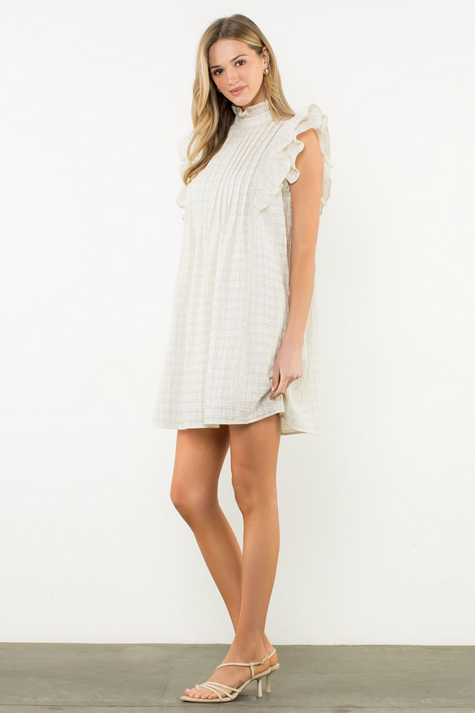 THML Flutter Sleeve Mock Neck Dress with Pockets - Cream