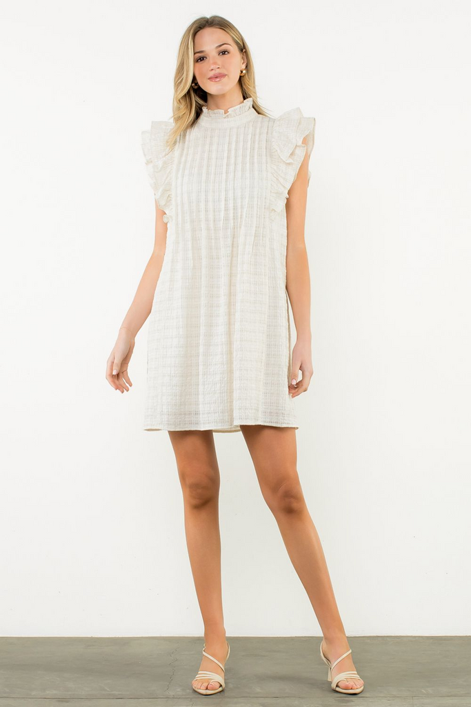 THML Flutter Sleeve Mock Neck Dress with Pockets - Cream