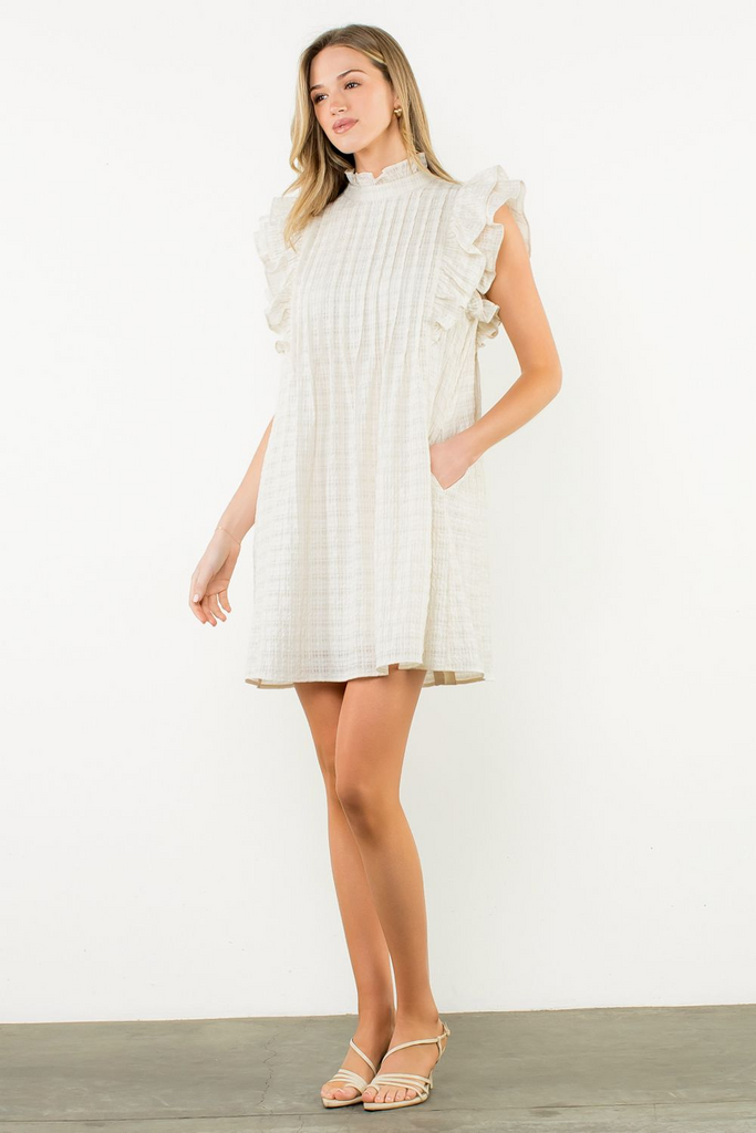 THML Flutter Sleeve Mock Neck Dress with Pockets - Cream