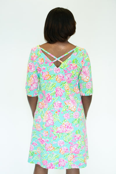 Tabi Elbow Sleeve Floral Print Back Lattice Cotton A-Line Dress - Find the Bees Print