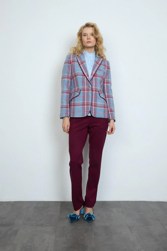 Tinta & Bariloche Libicus Plaid Wool Blazer with Contrast Velvet Piping - Pink/Blue