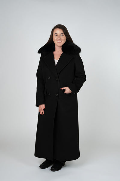 Tosato Double Breasted Wool Maxi Coat with Fox Fur Collar - Black