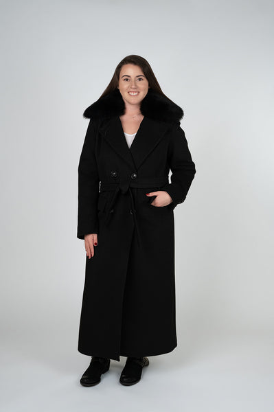 Tosato Double Breasted Wool Maxi Coat with Fox Fur Collar - Black