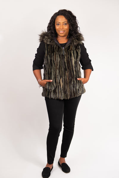 Rippe's Furs Reversible Sculpted Hooded Mink Vest with Fox Fur Trim - Army Green