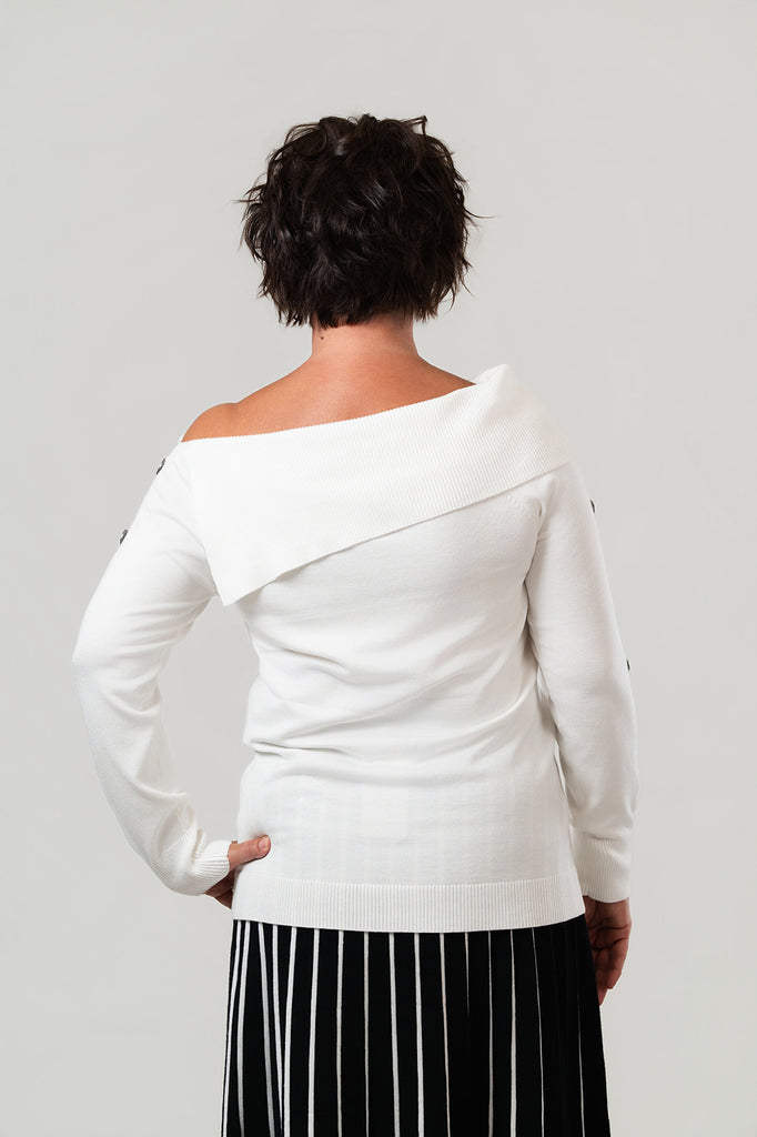 Marble Off Shoulder Portrait Collar Button Sleeve Sweater - White